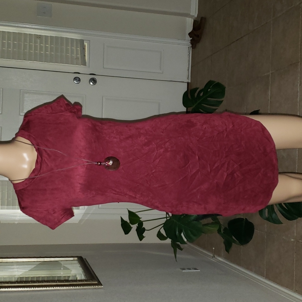 January 7 m scoop neck longer hem shorter side faux suede ultra mini stretchy